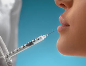 Kvinna som får fillers för läppförstoring